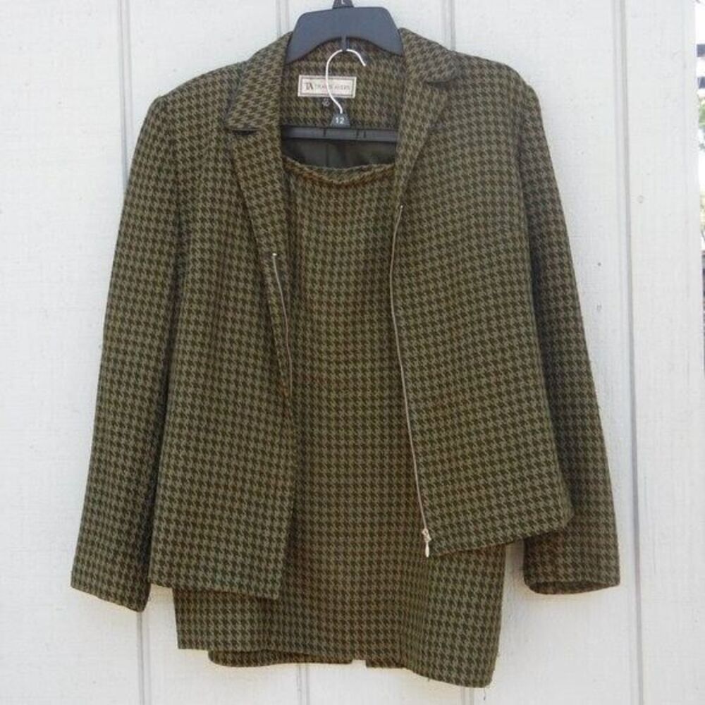 Travis Ayers 100% Silk Skirt Suit Khaki Green Black Houndstooth Size 12